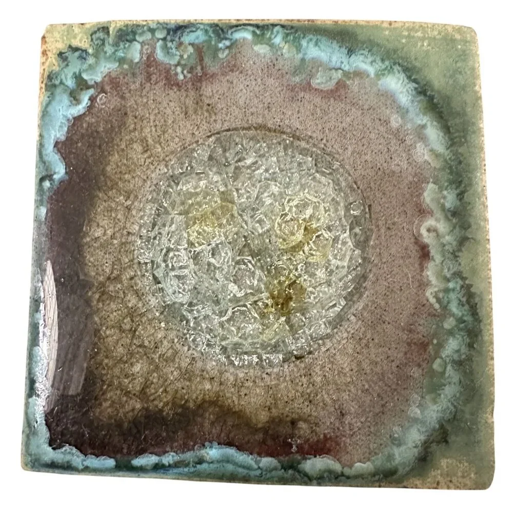 Anthropologie Geode Coaster Blue Crushed Crackle Glass Stoneware Tile 4